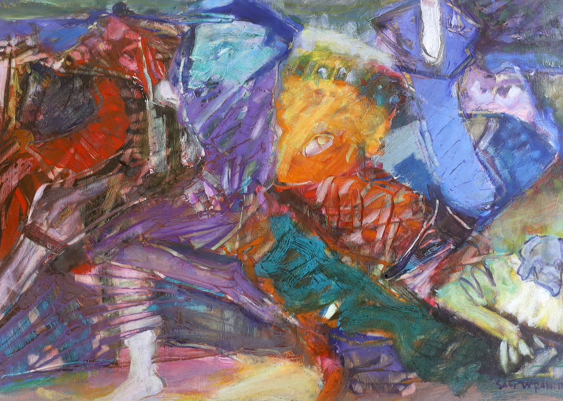 Sali Turan (Turkish b.1949), oil on paper, Dancing figures, signed dated 1996, 34 x 49cm